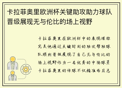 卡拉菲奥里欧洲杯关键助攻助力球队晋级展现无与伦比的场上视野