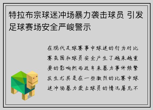 特拉布宗球迷冲场暴力袭击球员 引发足球赛场安全严峻警示 特拉布宗球迷冲场暴力袭击球员 引发足球赛场安全严峻警示